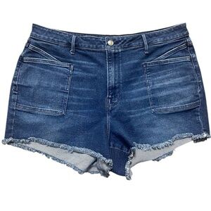 Good American Dark Blue Frayed Denim Patch Pocket Shorts Sz 18